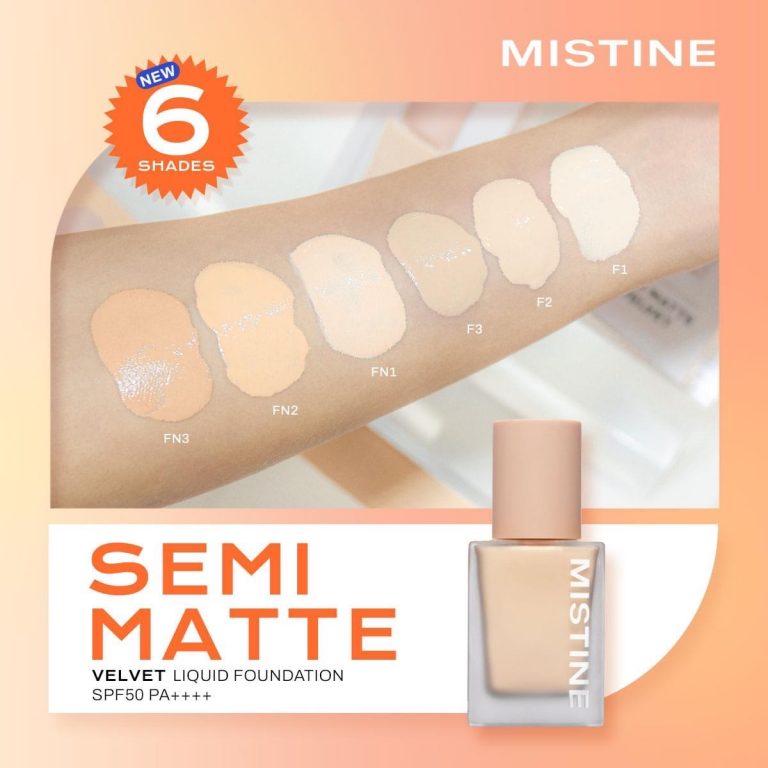 รองพื้น Mistine Semi Matte ปกปิดดี คุมมันตลอดวัน ไม่เยิ้ม ไม่ดรอป เนื้อบางเบา ให้ผิวเรียบเนียน พร้อมบำรุงและปกป้องจากแสงแดด SPF50 PA++++ พร้อมเฉดสีหลากหลายสำหรับทุกโทนผิว