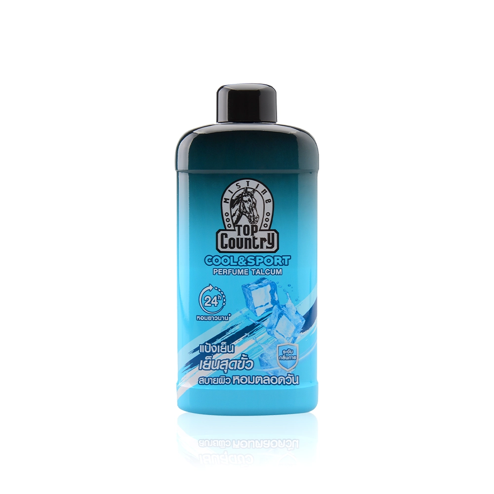 แป้งเย็นทาตัว MISTINE TOP COUNTRY COOL & SPORT ให้ความเย็นสดชื่นทันทีหลังใช้ กลิ่นหอมเย็นสบายผิว ระงับกลิ่นกาย ผิวแห้งสบายไม่เหนอะหนะ