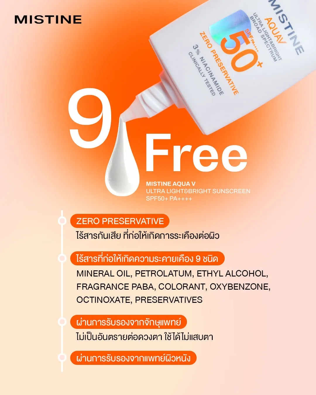 ครีมกันแดด Mistine Aqua V Sunscreen SPF50+ PA++++ สูตรอ่อนโยน ไร้สารระคายเคือง 9 ชนิด ปราศจากสารกันเสีย ผ่านการรับรองโดยจักษุแพทย์และแพทย์ผิวหนัง