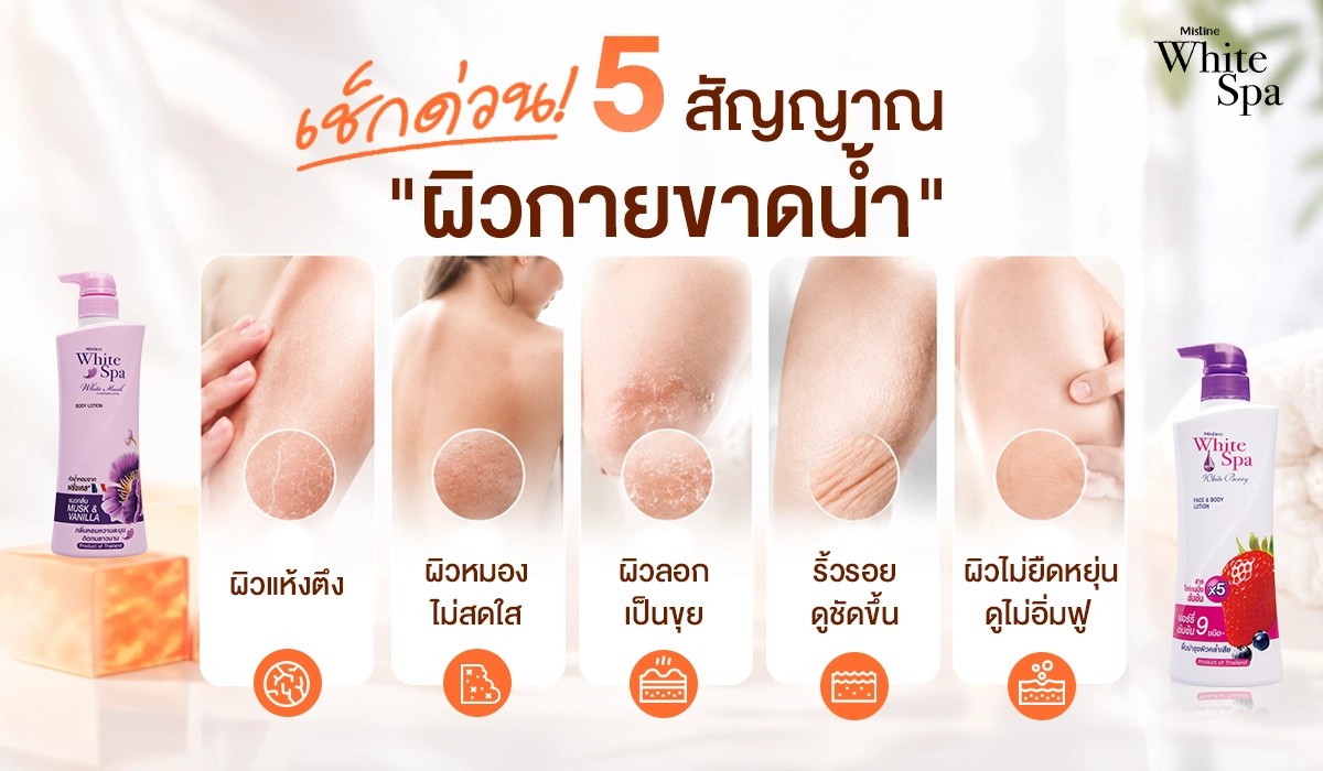 อินโฟกราฟิกเช็กด่วน 5 สัญญาณผิวกายขาดน้ำ ผิวแห้งตึง ผิวหมองคล้ำ ผิวลอกเป็นขุย ริ้วรอยดูชัดขึ้น และผิวไม่ยืดหยุ่น พร้อมขวดโลชั่นบำรุงผิว White Spa